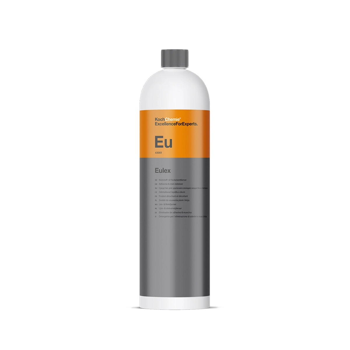 Eulex adhesive remover 1L by KochChemie, ideal for paint, glass, porcelain, and metal without leaving residues