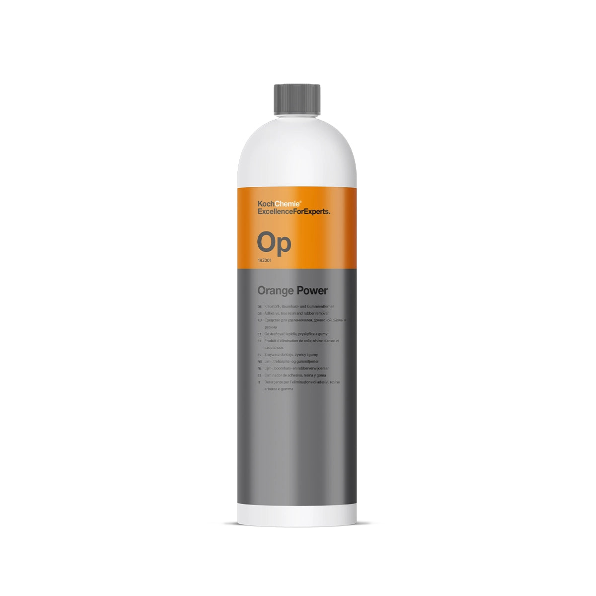Orange Power 1L Heavy Duty Adhesive/Rubber Remover by Koch Chemie, powered by natural orange extracts to remove stubborn residues with a fresh fragrance.