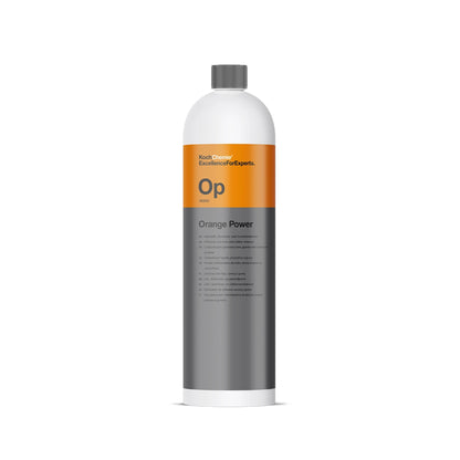 Orange Power 1L Heavy Duty Adhesive/Rubber Remover by Koch Chemie, powered by natural orange extracts to remove stubborn residues with a fresh fragrance.