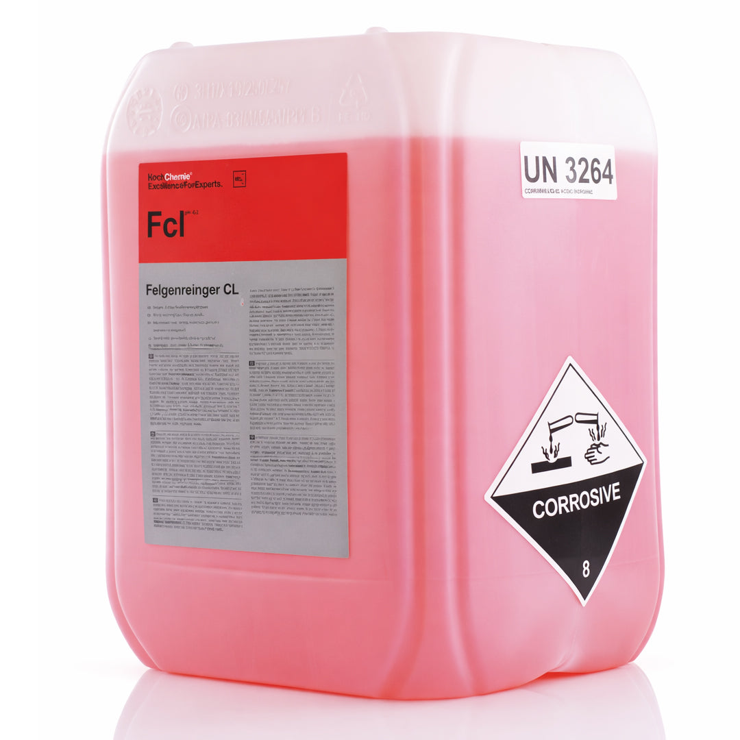Koch Chemie Felgenreiniger CL 23 kg washing bay cleaner in transparent can side view  on white background
