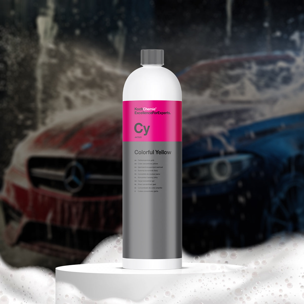 Koch Chemie Colorful Yellow 1Ltr, vibrant yellow car shampoo that enhances foam intensity for a dynamic washing experience.