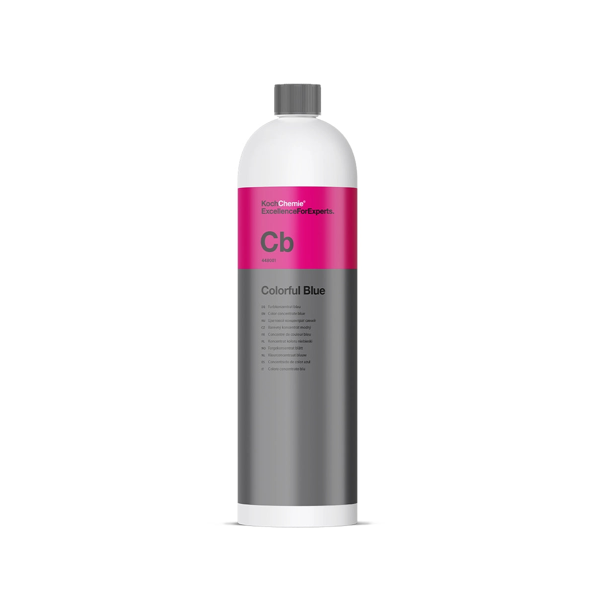 Bright blue Koch Chemie Colorful Blue 1L shampoo concentrate for enhanced foam and car cleaning.
