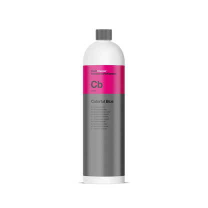 Bright blue Koch Chemie Colorful Blue 1L shampoo concentrate for enhanced foam and car cleaning.