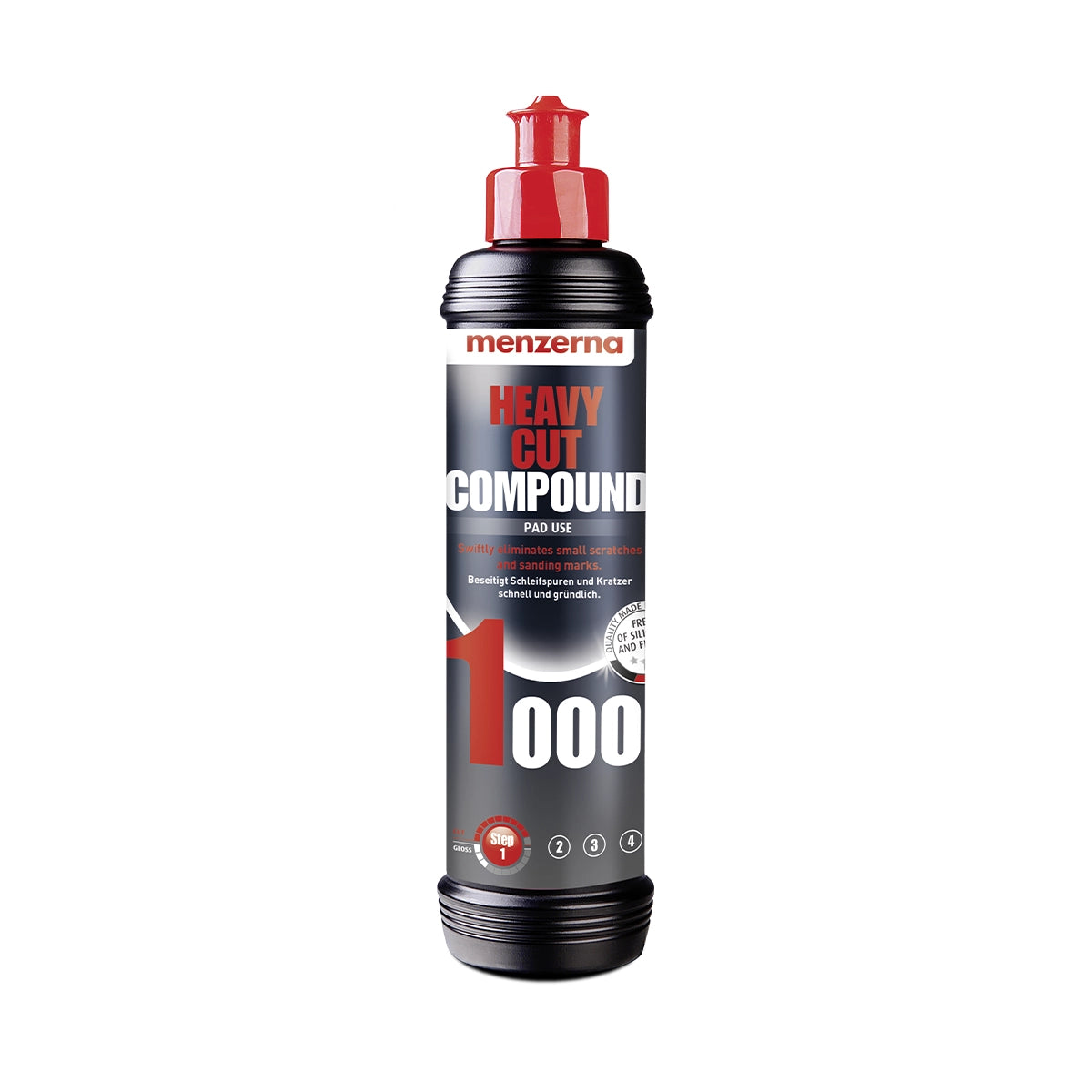 Menzerna Heavy Cut Compound 1000, a durable 250ml formula with heat-treated abrasives for precise, swirl-free car paint correction