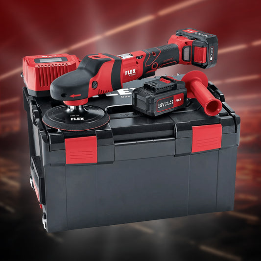 Flex PE 150 18.0-EC/5.0 Set cordless rotary polisher with brushless motor and 18V battery for professional detailing.
