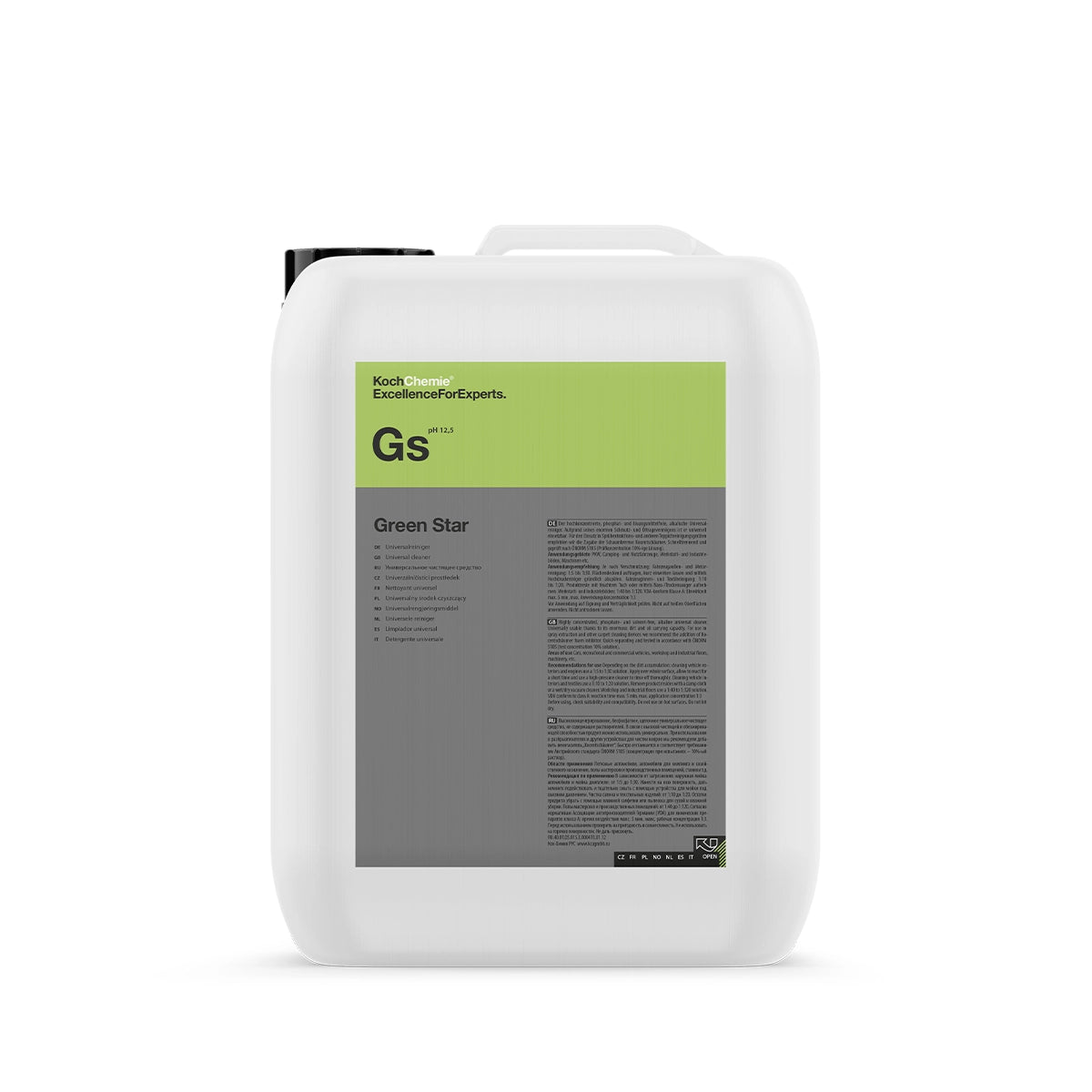 Koch Chemie Green Star cleaner in 5L container, a powerful, solvent-free cleaner for vehicle exteriors, interiors, and workshop floors.