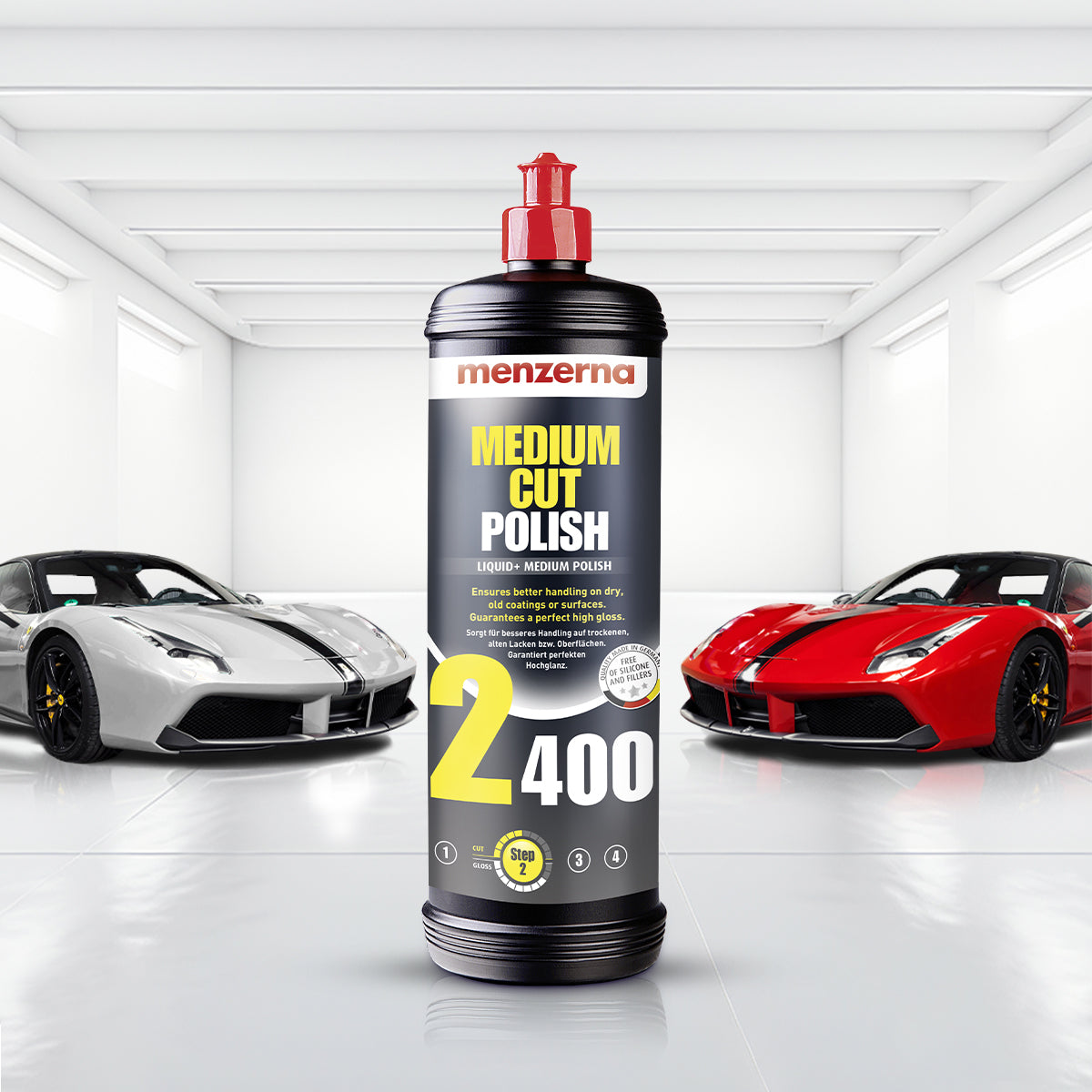 Menzerna Medium Cut Polish 2400 1L for removing 2000 grit sanding scratches with minimal haze, perfect for ceramic clear coats.