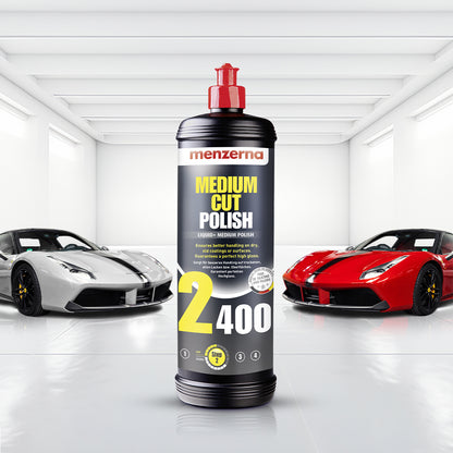 Menzerna Medium Cut Polish 2400 1L for removing 2000 grit sanding scratches with minimal haze, perfect for ceramic clear coats.