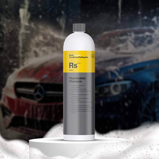 Koch Excellence Rs Reactivation Shampoo bottle with a car in the background