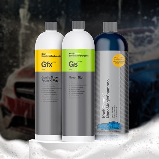 Three car care products on a stand with a blurred car in the background