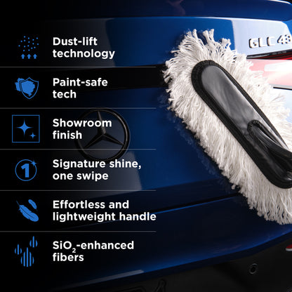 Car cleaning brush with Mercedes-Benz logo on a blue car, featuring text about product features.