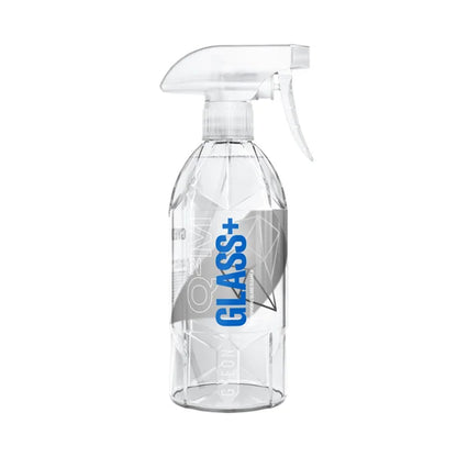 Clear spray bottle labeled 'GLASS+' on a white background