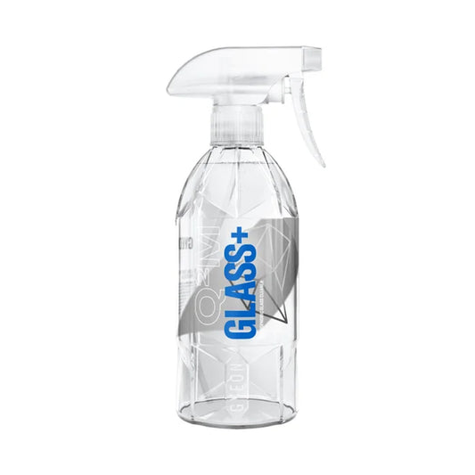Clear spray bottle labeled 'GLASS+' on a white background