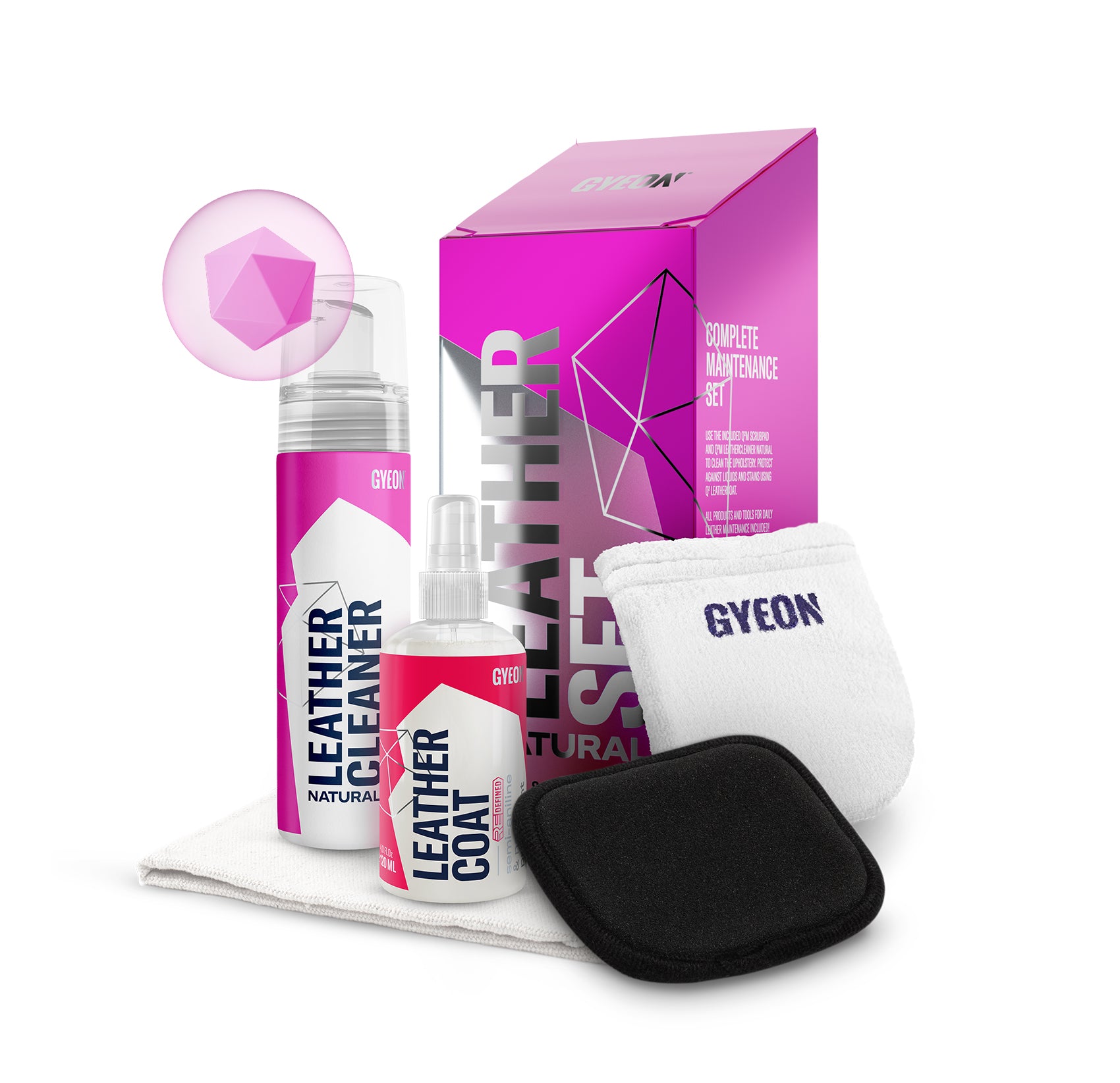 Gyeon leather care product set with bottles, a box, and a pouch on a white background