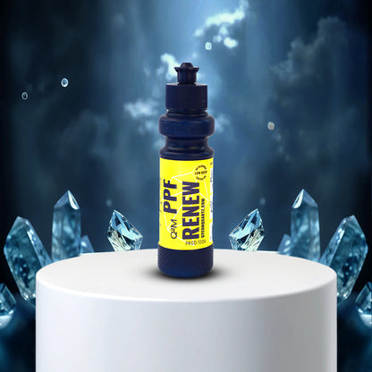 Bottle of PPF Renew on a white pedestal with crystal-like structures in the background