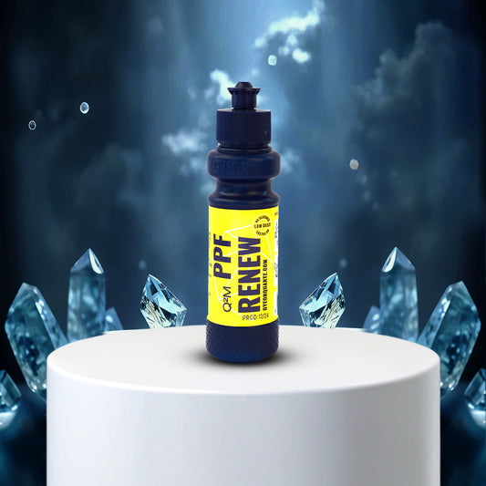 Bottle of PPF Renew on a white pedestal with crystal-like structures in the background