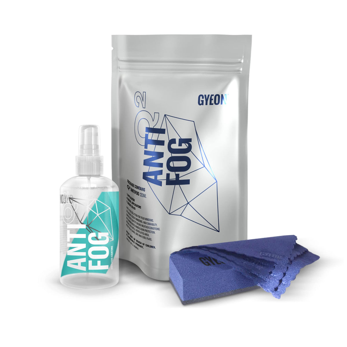 GYEON Q2 Anti Fog kit with spray bottle, pouch, and microfiber cloth on a white background
