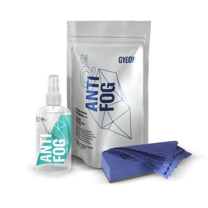 GYEON Q2 Anti Fog kit with spray bottle, pouch, and microfiber cloth on a white background