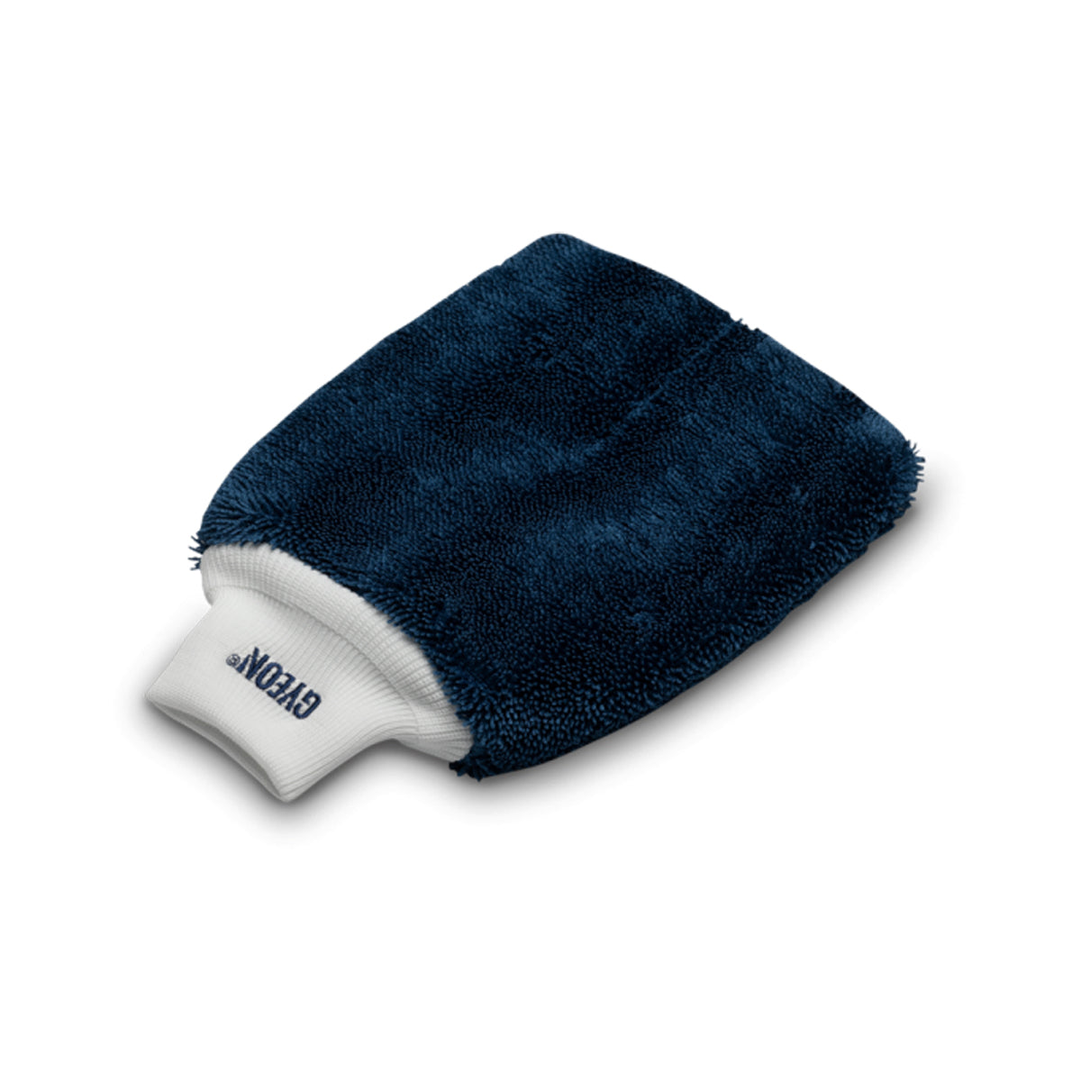 Blue microfiber cleaning mitt with white interior on a white background
