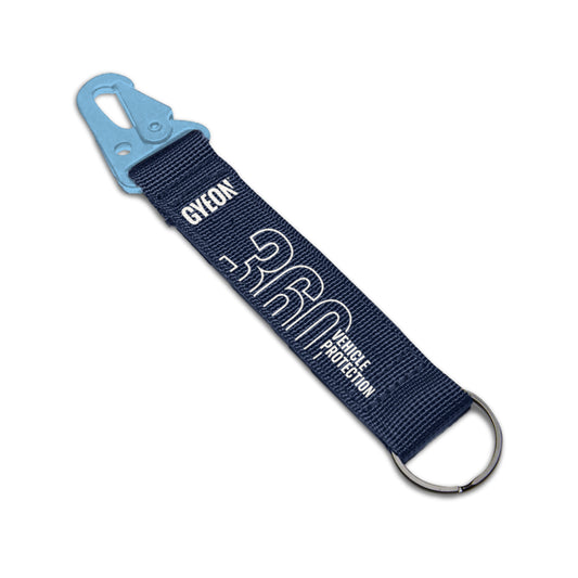 Gyon lanyard with blue clip and key ring on a white background