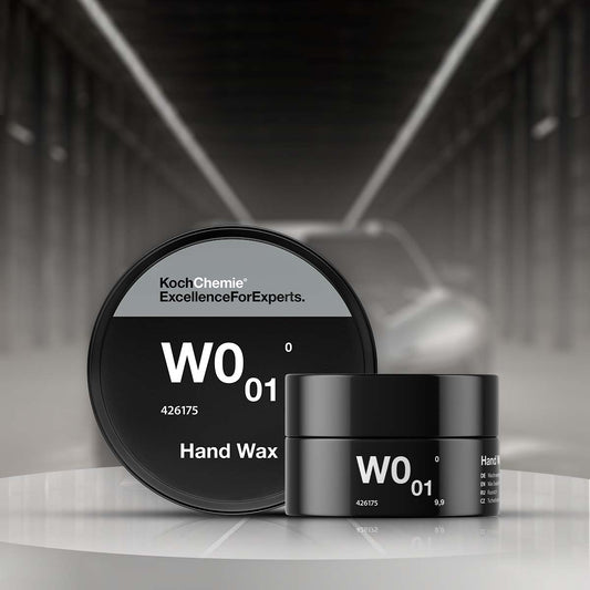 Koch Chemie Hand Wax W0.01 175ml with high carnauba wax, providing hydrophobic protection and high-gloss finish for car paint.