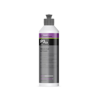 Koch Chemie Micro Cut & Finish P3.01 250ml, removes fine scratches and holograms while enhancing gloss and protection.