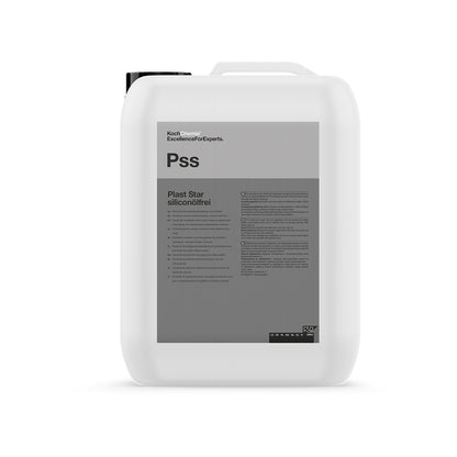 A white 10-liter container of Koch Chemie Plast Star Siliconolfrei, designed for car trim and rubber care.