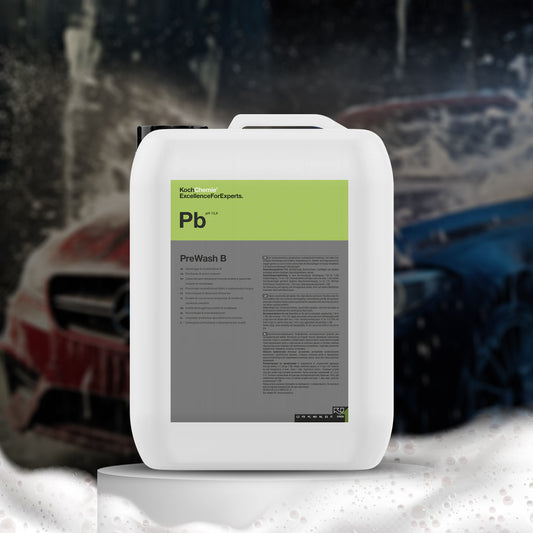 Koch Chemie ProWash B container with a blurred background of a car wash.