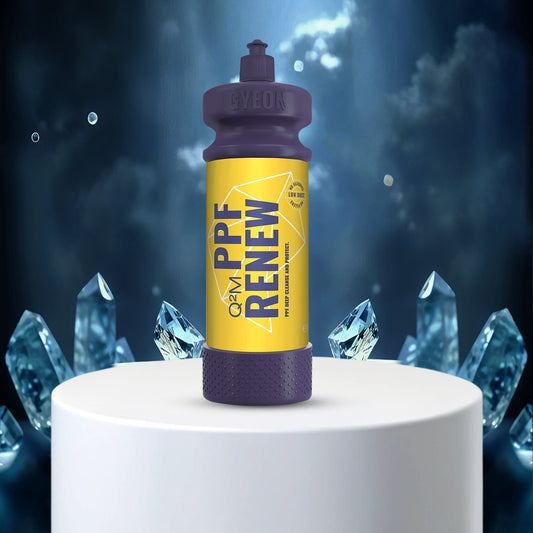 Purple and yellow bottle labeled 'PPE Renew' with crystal-like structures in the background