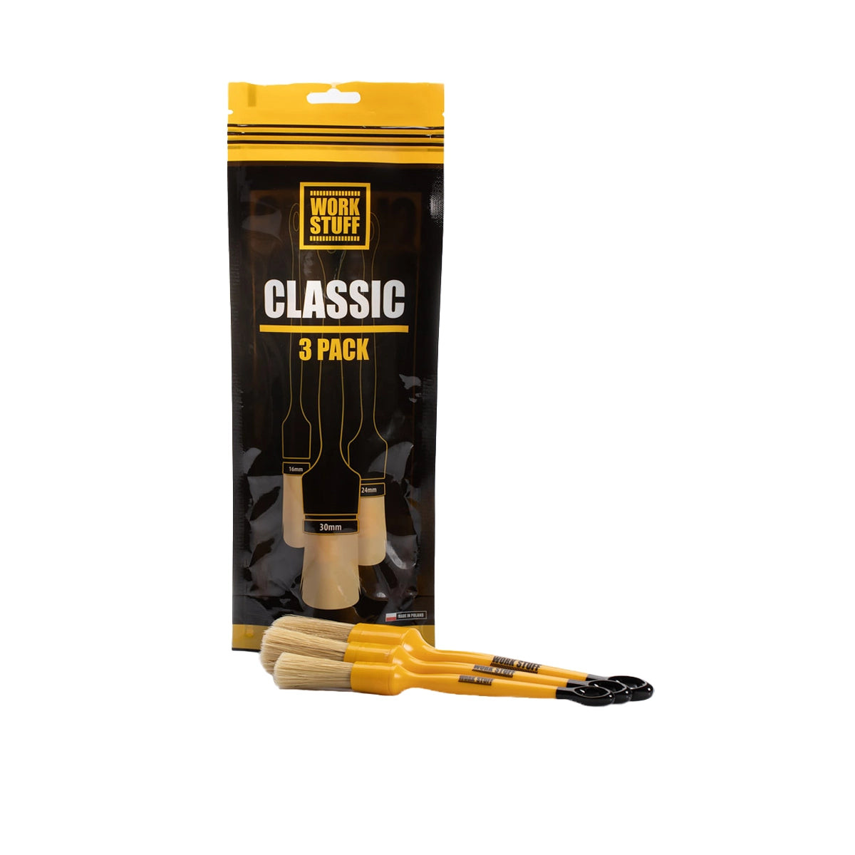 Work Stuff Detailing Brushes in three sizes (16mm, 24mm, 30mm) for versatile auto detailing and grime removal