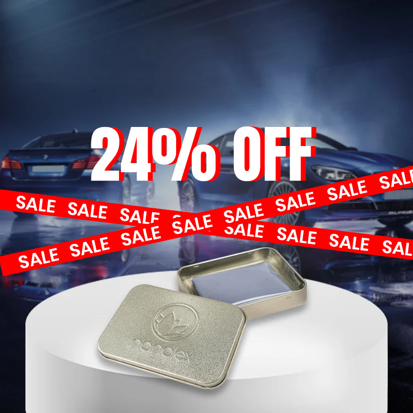 Metallic keychain with car brand logo on a white stand, with '24% OFF' sale text in the background.